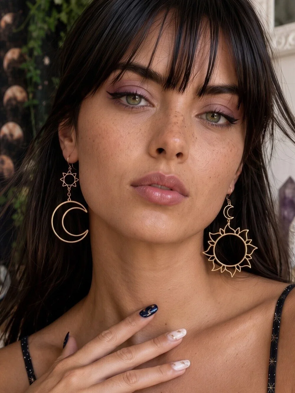 Sun Moon Mismatched Dangle Earrings Gold Celestial Cutout Boho Whimsigoth 3